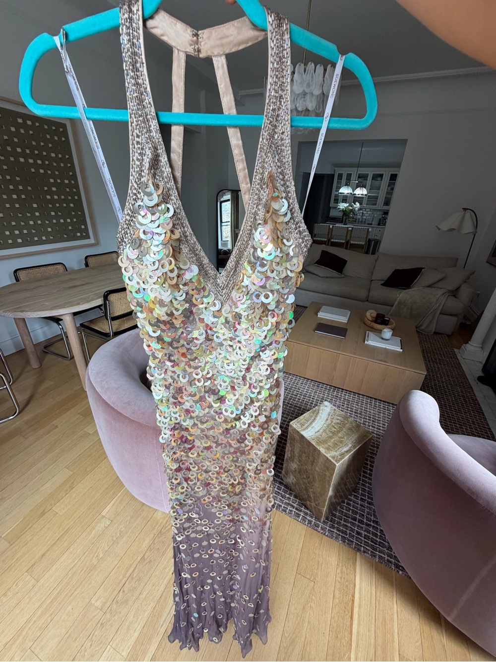 Sue Wong Gold Sequin Halter Maxi Dress - Picture 4 of 8